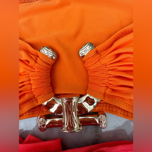 Neon Two Piece Beach Outfit Metal Rings Strapless Crop Top High Split Maxi Skirt - Picture 5 of 5